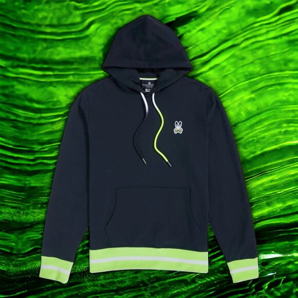 NEW Psycho Bunny Mens Clifton Pullover Hoodie Size 2XL XXL Navy Blue Neon Green
